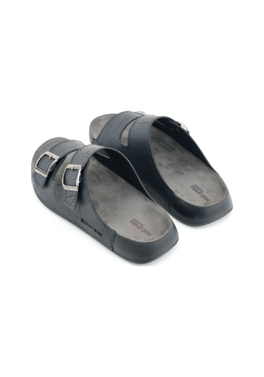 Gezer Naturela Comfort Erkek Yazlık Suni Deri Çift Toka Ayarlanabilir Rahat Taban Günlük Terlik Siyah