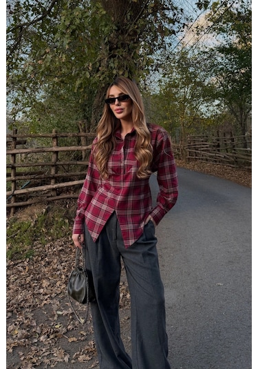 Kahverengi Bağlama Detaylı Ekoseli Gömlek - 25250 Kahverengi