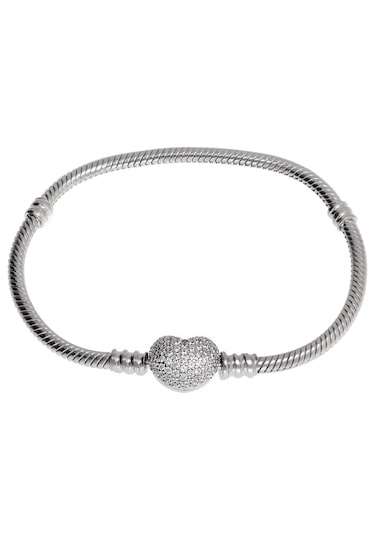 Kadın Taşlı Kalp Model Charm İçin Uygun Gümüş Bileklik 17 Cm Silver