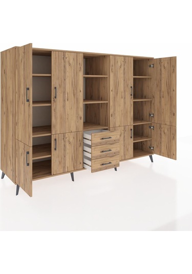 Kronos Dolap 11 Raflı 3 Çekmeceli 8 Kapaklı 220x59x163 Çam-çam Çam-çam