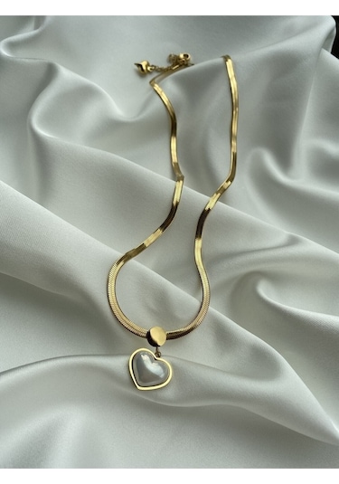 Bhs Life Kadın İtalyan Zincir Çelik Beyaz Kalp Tasarımlı Kolye Gold