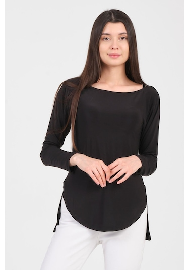 As Collection Siyah Uzun Kol Yırtmaçlı Sandy Kadın T-shirt Siyah