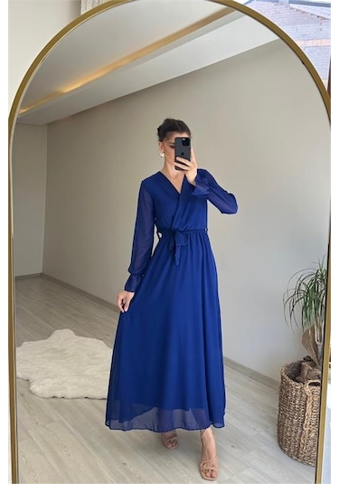 Neşeli Butik Kadın Uzun Kollu Kuşaklı Maxi Şifon Elbise Nm001 Saks