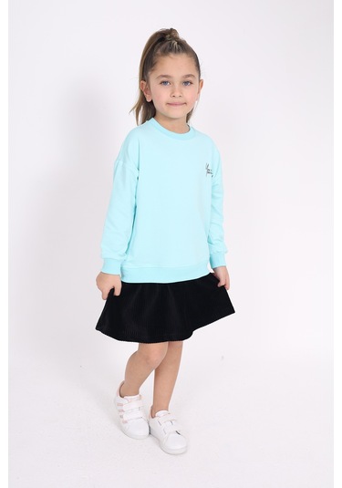 Toontoy Kız Çocuk Göğsü Yazı Baskılı Elbise Su Yeşili