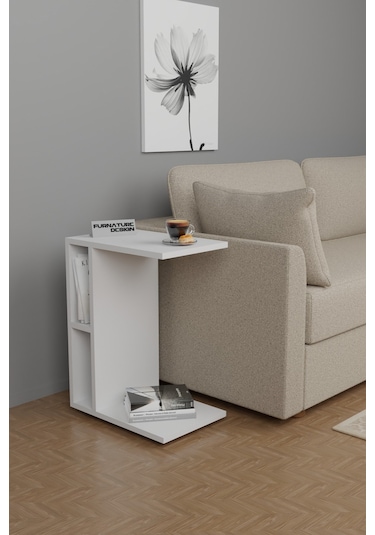 C Yan Sehpa Tekerlekli Koltuk Kenarı Dergilik Sehpa Beyaz