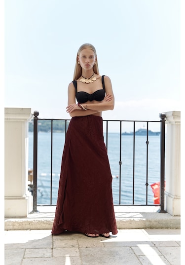 Eubah Kırışık Uzun Bordo Saten Etek Bordo