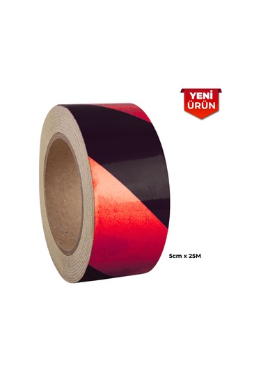 Reflektif Fosforlu Çapraz Şerit Bant, Çift Renk Reflekte İkaz Bandı 5cm X 25m - Siyah Kırmızı 6008