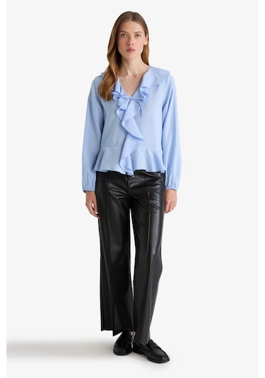 Defacto Regular Fit V Yaka Modal Volanlı Uzun Kollu Bluz G1971ax25wnbe305 Mavi