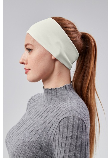 Kadın Spor Saç Bandı Bandana Penye Esnek Bone Dikissiz Ekru