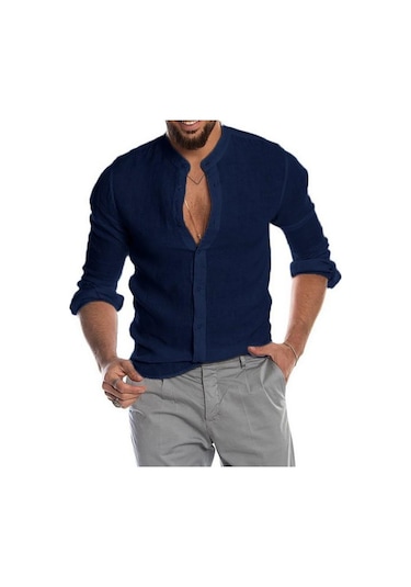 Siyah Erkek Pamuklu Keten Uzun Kollu Henley Gömlek Rahat Bol Düğmeli Üstler Tişört Siyah