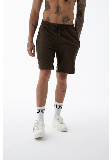 Erkek Kahverengi Yüksek Kalite Relax-fit Rahat Kesim %100 Pamuk Bağcıklı Siyah Düz Basic Şort Kahverengi