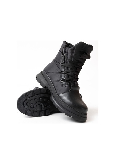 Asm-083 Siyah Bağcıklı Su Geçirmez Kadın Kar Botu-a Siyah Cilt Siyah
