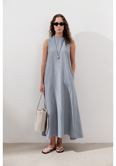 Keten Büzgülü Geniş Elbise Mavi Mavi