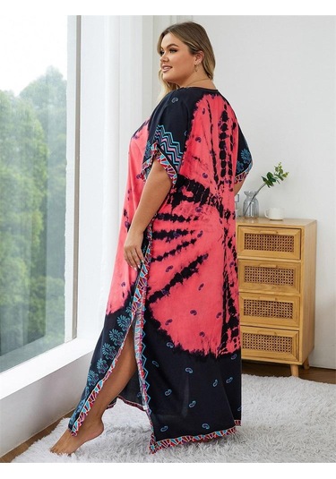 Edolynsa Karpuz Kırmızısı Baskılı Bohem Kaftan Kadın Bornoz Plaj Elbisesi Rahat Çok Yönlü Taze Elbise Mayo Örtüsü Q1464 Çok Renkli