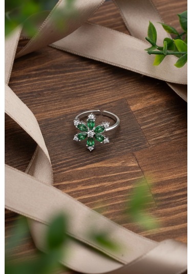 925 Ayar Zümrüt Taşlı Rodyum Lotus Çiçeği Ayarlanabilir Gümüş Yüzük Rr10027 Gümüş