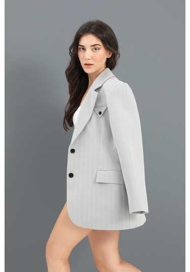 Blazer Ceket Çizgili Atlas Kumaş - Gri-gri Gri