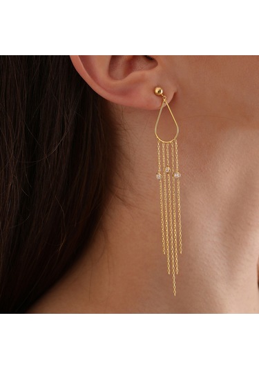 Queen Silver Jewelry 925 Ayar Gümüş Damla Tel Zirkon Sallantılı Küpe Altın