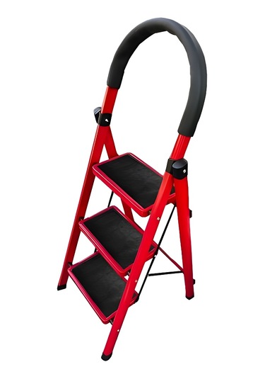 Asil Metal 3 Basamaklı Katlanır Merdiven Kaymaz Yüzeyli Basamaklı Ev Tipi 150 Kg Taşıma Kapasiteli Kırmızı 1 Adet