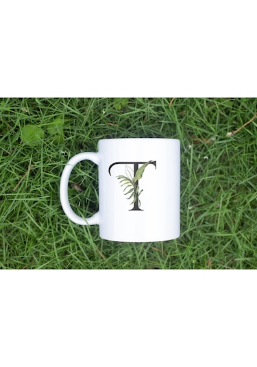 T Harf Zarif Yaprak Desenli Kupa Bardak - Naturel Sade Alfabe Harfli Bardak - Kişiye Özel Hediye Beyaz