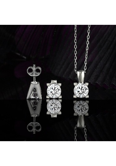 Pırlanta Montürü V Kasa Tek Taş Kolye Küpe Gümüş Set (518666741)