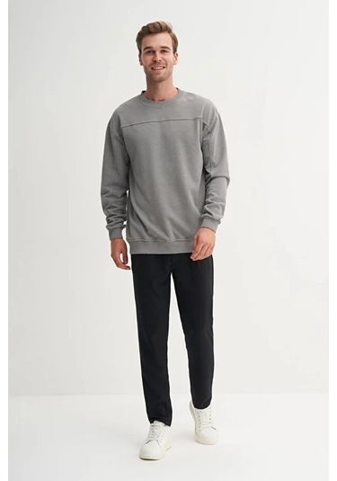 Cazador Relax Fit Pamuk Karışımlı 3 İplik Ham Kumaş Sweatshirt-50390 Gri