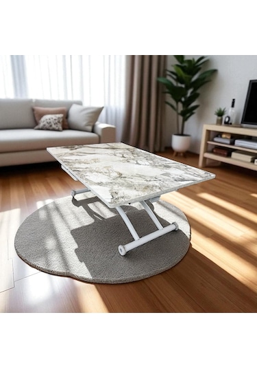 Ortadan Açılır Akıllı Masa Üst Mdf Beyaz Mermer Alt Ayak Beyaz