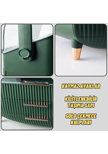 Çekmeceli Makyaj Kutusu Ve Düzenleyici Kozmetik Eşya Masa Üstü Organizer Yeşil