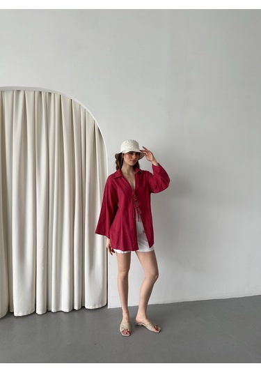 Bordo %100 Keten Bağcık Detaylı Kimono Bluz - 5218 Bordo