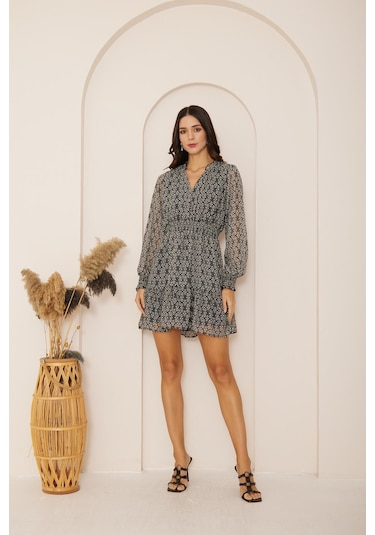 Darlin Moda Mavi Desenli Mini Şifon Elbise Dm1027 Mavi