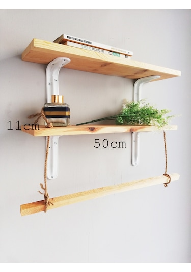 Halatlı Ahşap Dekoratif Duvar Rafı 50x11 Cm, Metal Beyaz Ayaklı