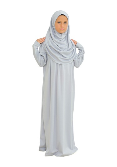 İki Parça Çocuk Elbisesi Seti Eşarp İle Takım Gri