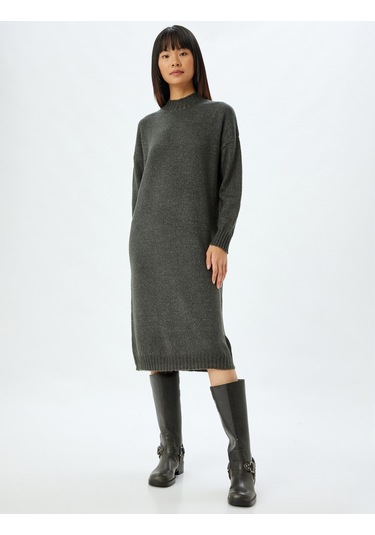 Koton Triko Elbise Midi Boy Dik Yaka Uzun Kollu Düşük Omuzlu Bol Kalıp Gri 5wal80002ht Gri