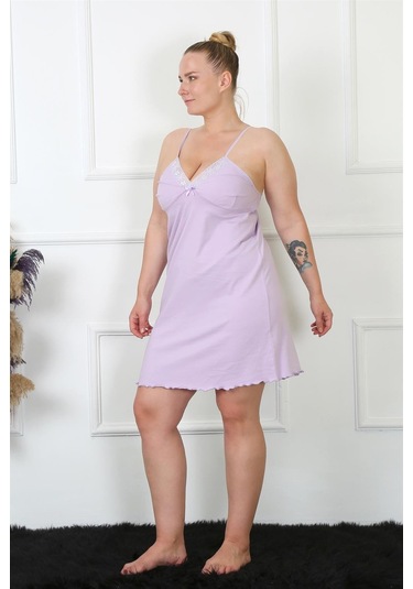 Akbeniz Kadın Lila Pamuklu İp Askılı Büyük Beden Gecelik 985-lila Lila