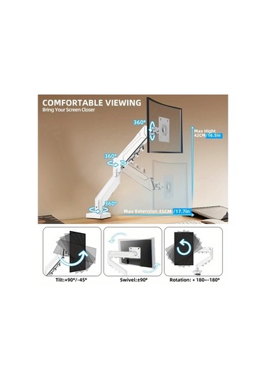 Honeybeeshop Tek Ekran Beyaz 33-81 Cm Döner Kol Monitör Standı Vesa 75x75/100x100 C-clamp Taban