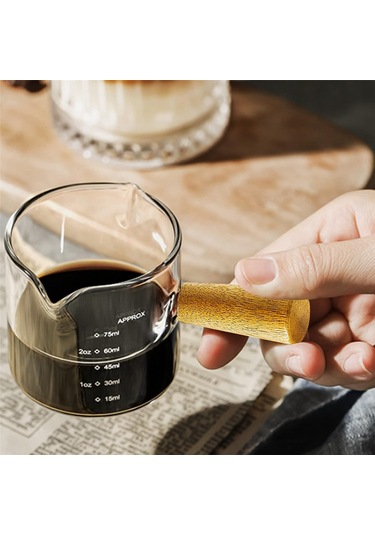 Neevoyu 75ml Cam Kahve Ölçü Kupa, Ahşap Saplı, İki Açık, Isı Yalıtımı, Espresso Ve İçecekler İçin Şeffaf