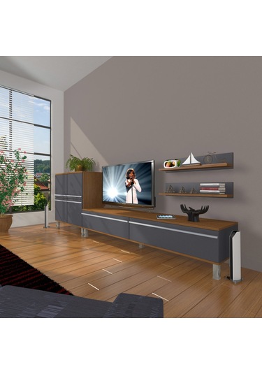 Decoraktiv Eko On Mdf Std Krom Ayaklı Tv Ünitesi Tv Sehpası Ceviz - Antrasit