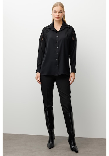 Moda İlgi Kadın Nakış Detaylı Oversize Gömlek 0095 Siyah Siyah