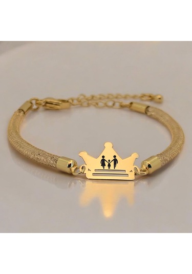 Archin Aile Temalı Hasır Kordonlu Taç Figürlü 14 Ayar Altın Plakalı Hediye Bileklik-464sembol Aile