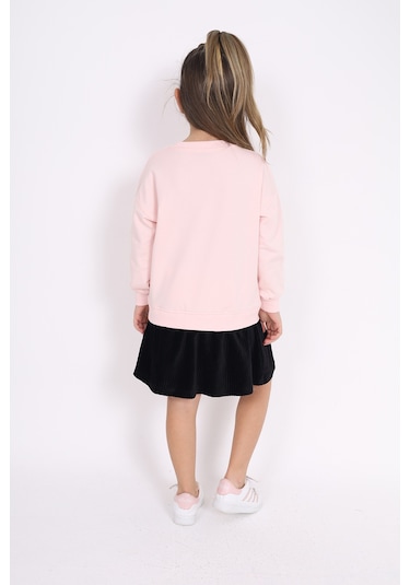 Toontoy Kız Çocuk Göğsü Yazı Baskılı Elbise Pudra