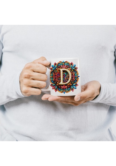 D Harfi Boho Bardak, Renkli Özel Tasarım Hediyelik Harfli Kupa, 330ml Porselen Beyaz