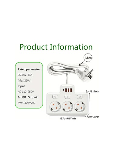 Motion003 2500w 3 Cm Kablo Beyaz Avrupa Standartlı Fişli Priz Şeridi 3 Ac Çıkış 4 Usb 1