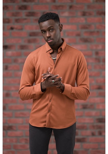 Advante İnce Fitilli Full Likralı Yaka Düğmeli Mevsimlik Slimfit Gömlek kiremit