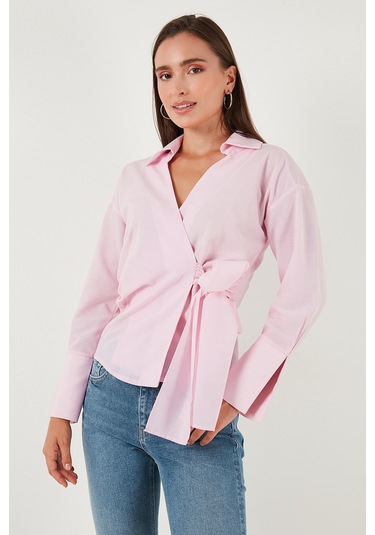 Lela Pamuklu Regular Fit Uzun Kollu Bağlama Detaylı Bayan Gömlek 65200538 Pembe