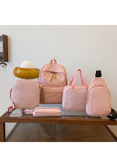 Honeybeeshop Pembe 5 Parça Katı Renk Sırt Çantası Seti Okul Kolej Yolcu Çantası