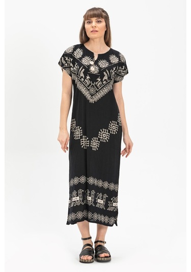 Kısa Kol Pamuk Hitit Uzun Elbise Geyik Siyah Gyk Syh-geyik Siyah