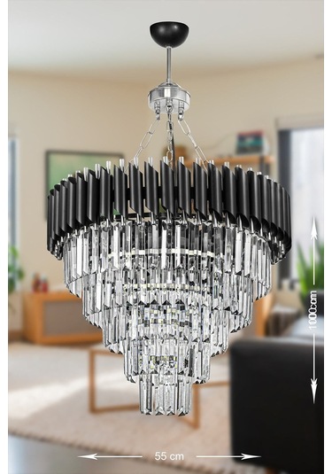 Palmira 55 Cm'lik Kristal Taşlı Lüks Avize 5'li - Siyah-krom Siyah