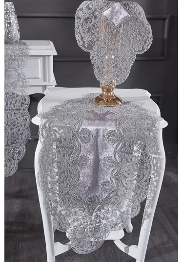 Fransız Güpürlü Kadife Sırma Salon Takımı 5 Parça Gri Gri