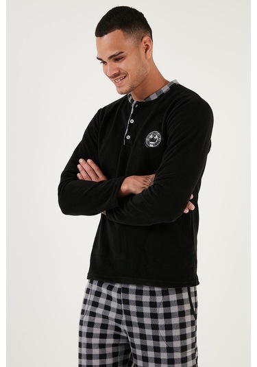 Buratti Ekoseli Regular Fit Düğmeli Bisiklet Yaka Kışlık Polar Erkek Pijama Takımı 60961002 Siyah