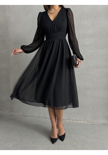 Kadın Arkadan Bağlamalı Şifon Elbise Siyah