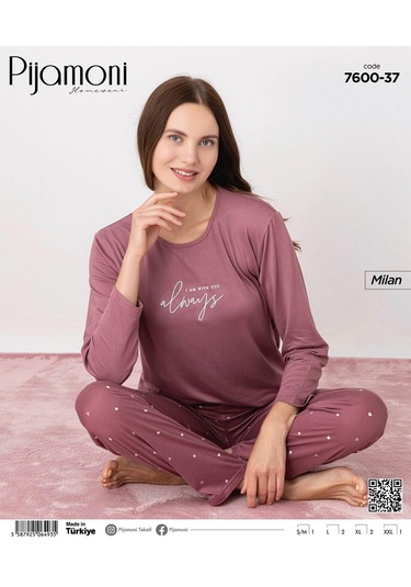 Pijamoni Kadın Milan Bisiklet Yaka Uzun Kol İnce Pijama Takımı 7600/37 - 1 Adet Gül Kurusu